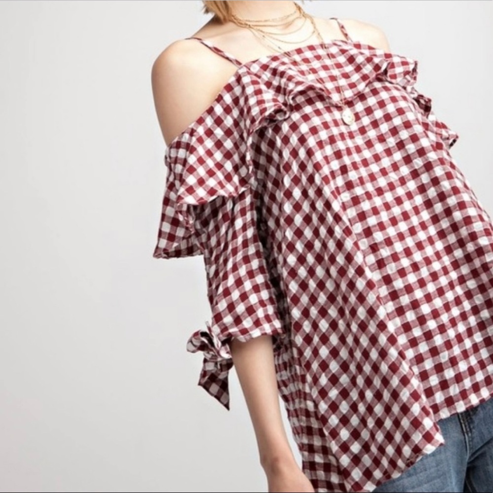 Gingham  Ruffle Blouse Top - Picture 6 of 10